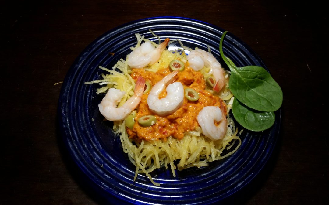 SPAGHETTI SQUASH with SHRIMP AND ARTICHOKE AND ROASTED RED PEPPER TAPENADE